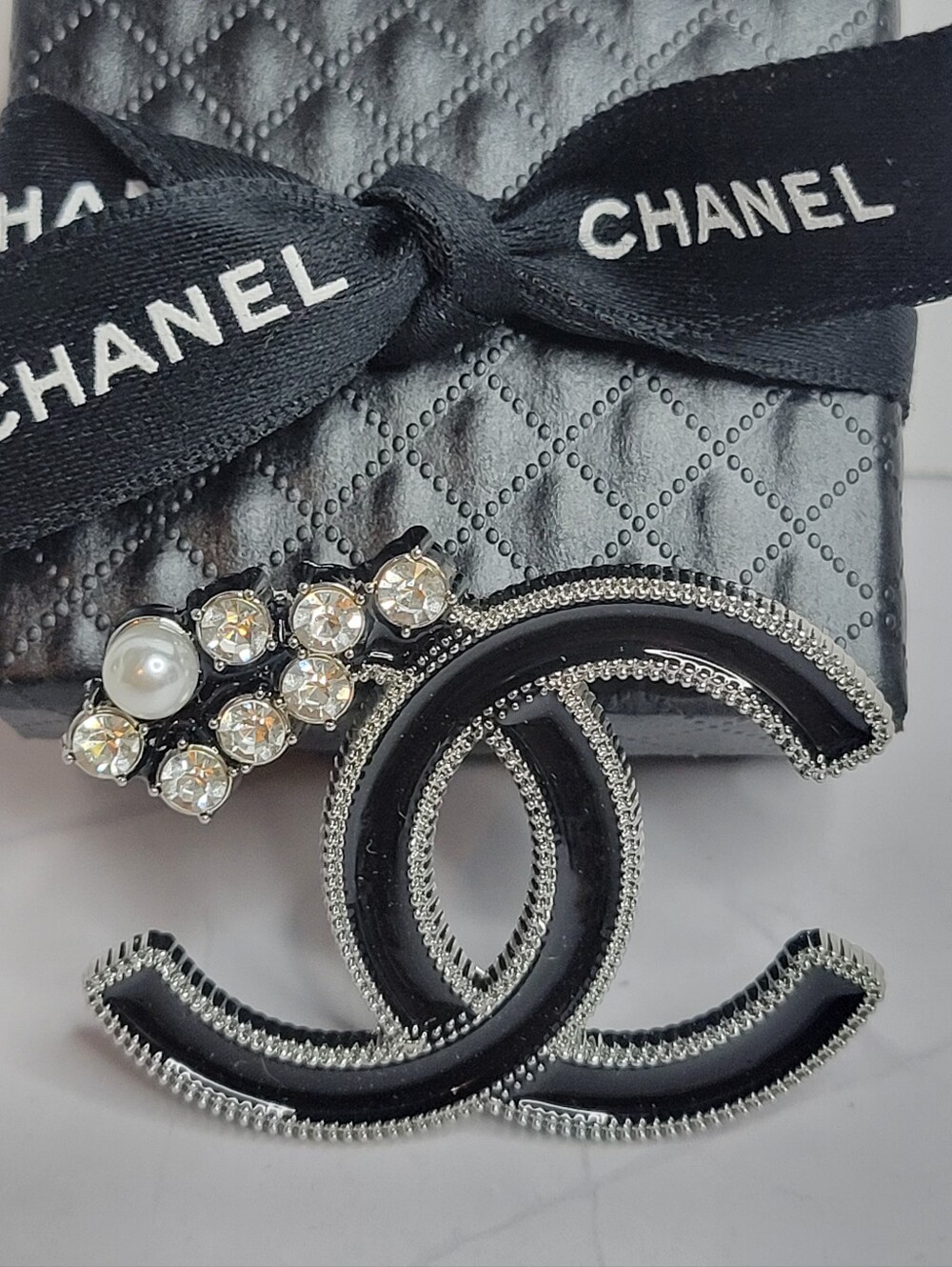 Silver, Black Enamel Rhinestone CC Brooch